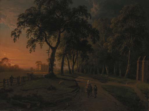 Abraham Pether - Figures on a parkland track with a country house beyond