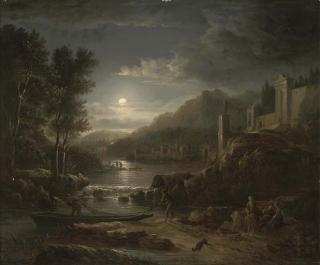 Abraham Pether - Fishermen Along A River By Moonlight