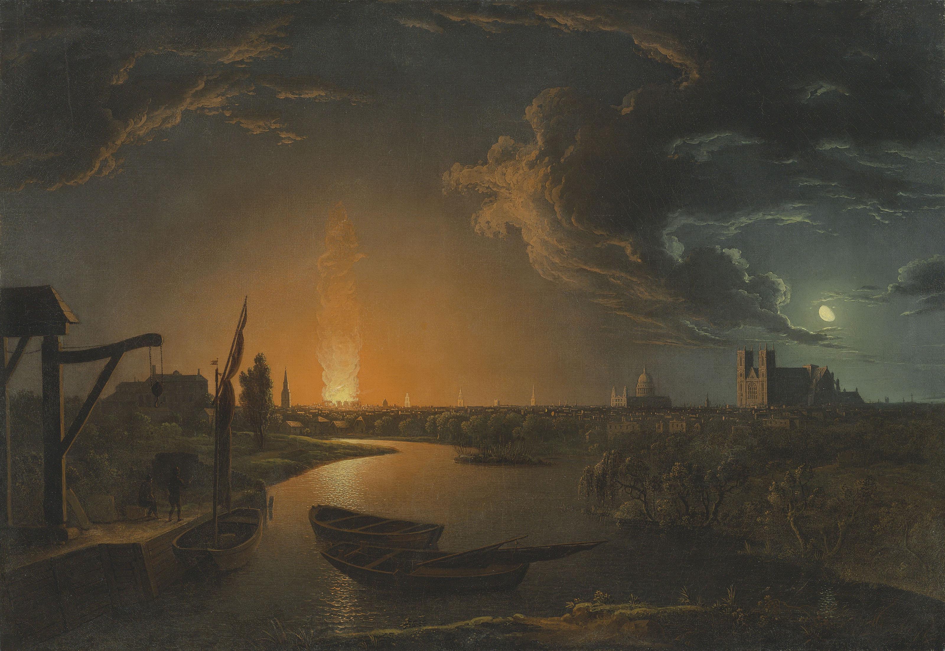 Abraham Pether - The fire at the Old Drury Lane Theatre, seen from Pimlico