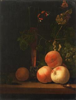 Abraham Pietersz. van Calraet - Still life with glass, peaches, butterflies and a snail.