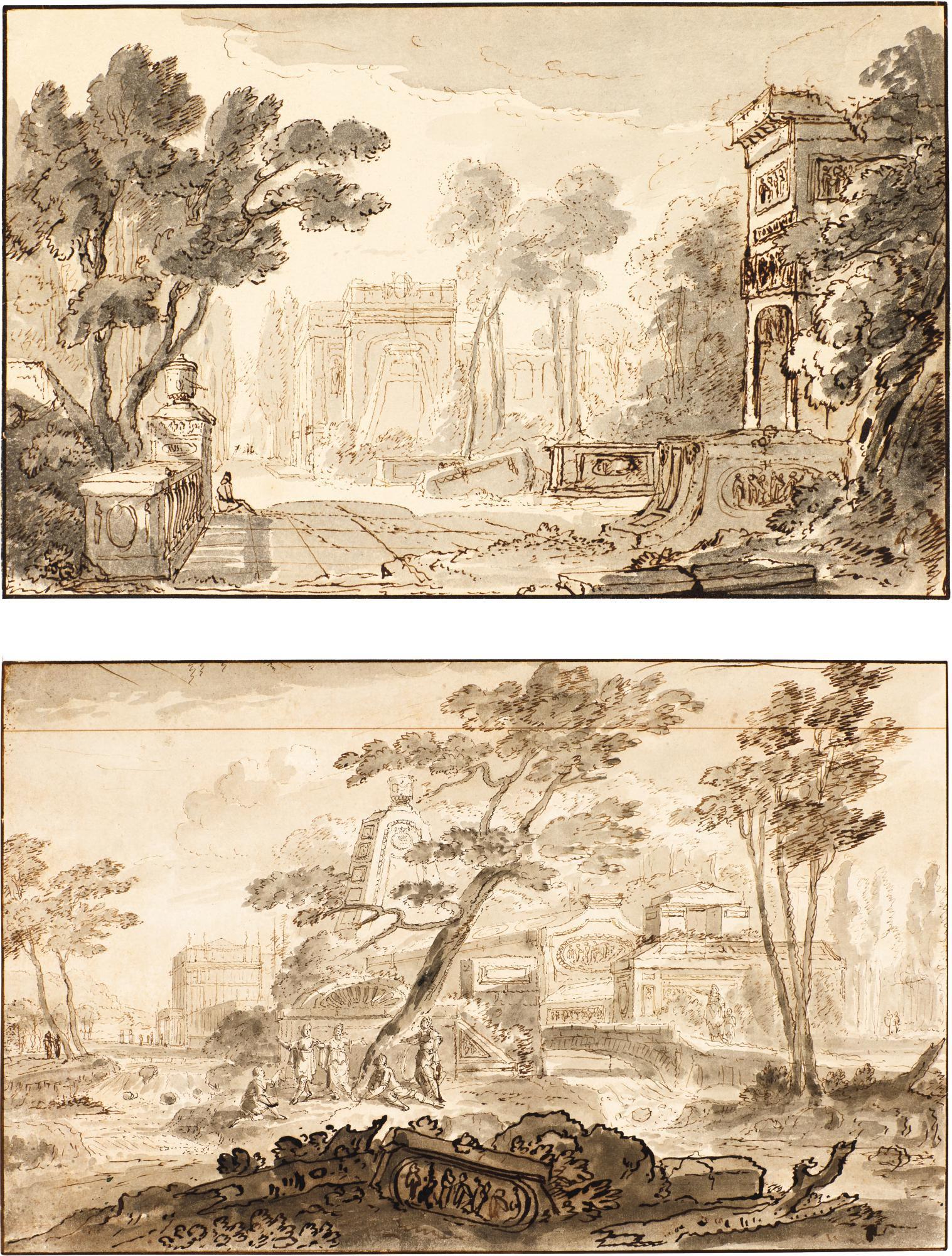 Abraham Rademaker - A Pair Of Italianate Landscapes With Figures Among Classical Ruins