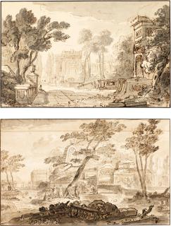 Abraham Rademaker - A Pair Of Italianate Landscapes With Figures Among Classical Ruins