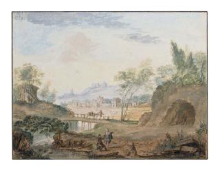 Abraham Rademaker - An Italianate landscape with a chapel beside a lake; and A classical river landscape with a traveller on a bridge