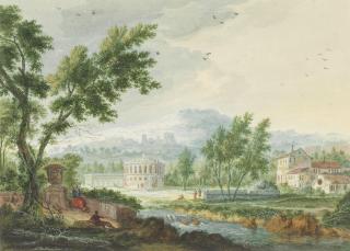 Abraham Rademaker - Figures by a river before ruins