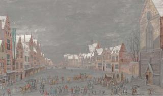 Abraham Rademaker - Figures in an elegant square in winter, the roofs of a church seen beyond