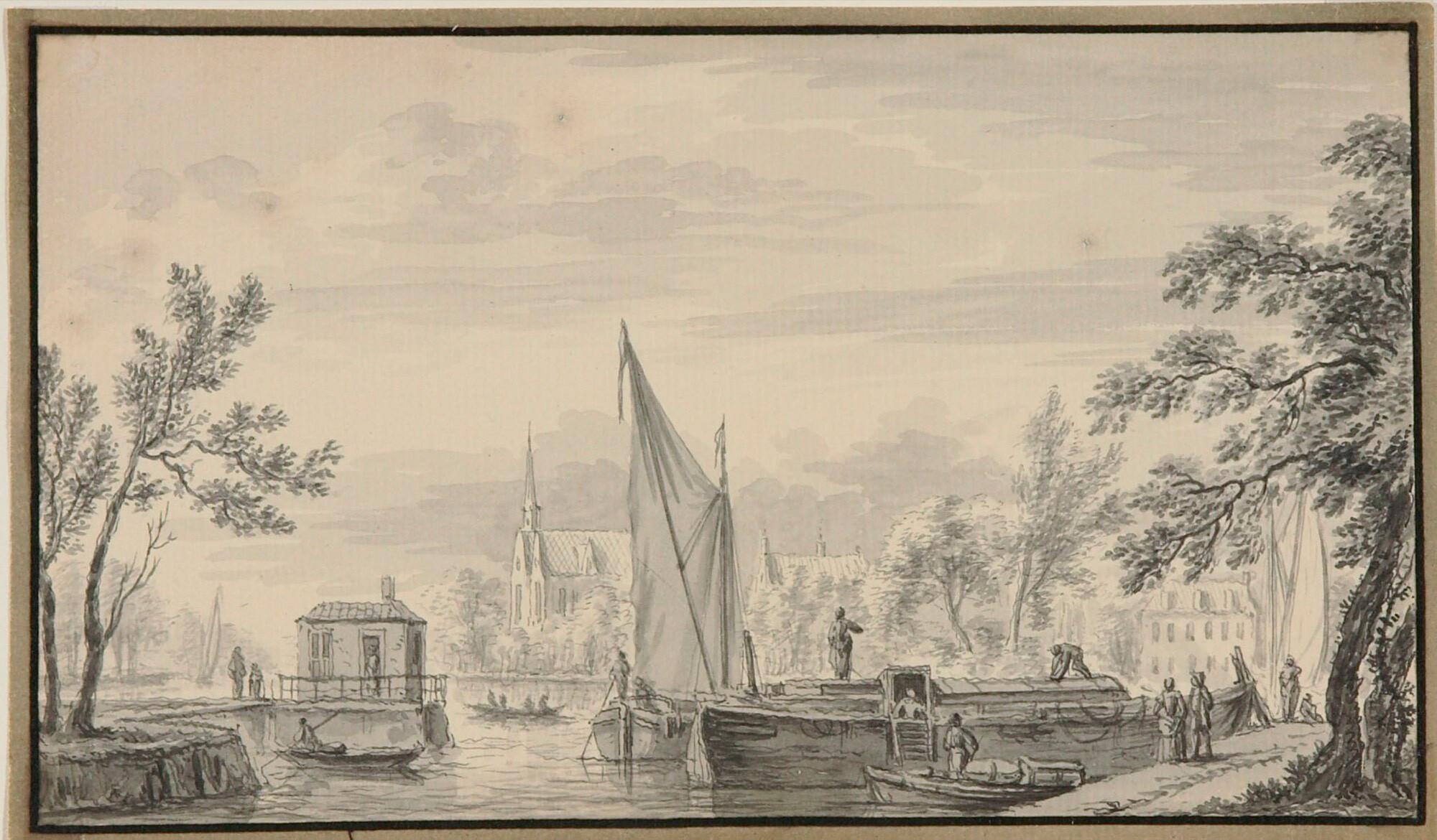 Abraham Rademaker - Flusslandschaft mit Booten und einer Kirche.