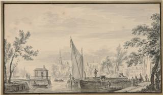 Abraham Rademaker - Flusslandschaft mit Booten und einer Kirche.