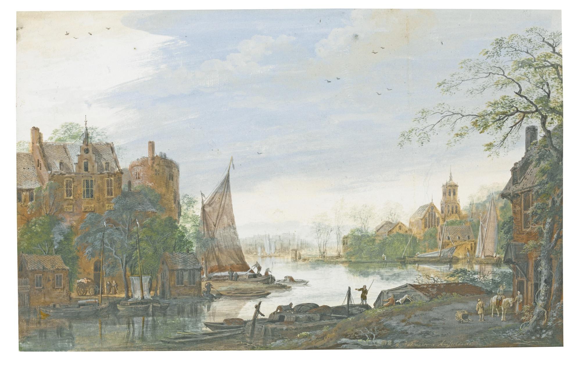 Abraham Rademaker - Houses On The Banks Of A Canal, A Distant View Of A Town