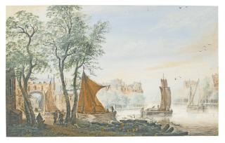 Abraham Rademaker - Sailing Barges On A Canal Near A Town