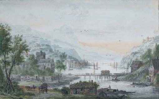Abraham Rademaker - View of a riverside town with a bridge
