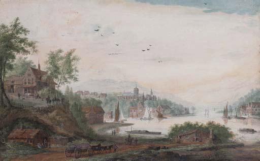 Abraham Rademaker - View of a riverside town with shipping and barges