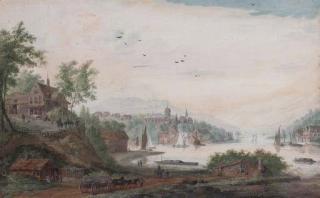Abraham Rademaker - View of a riverside town with shipping and barges