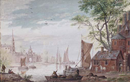 Abraham Rademaker - View of a walled town on an estuary