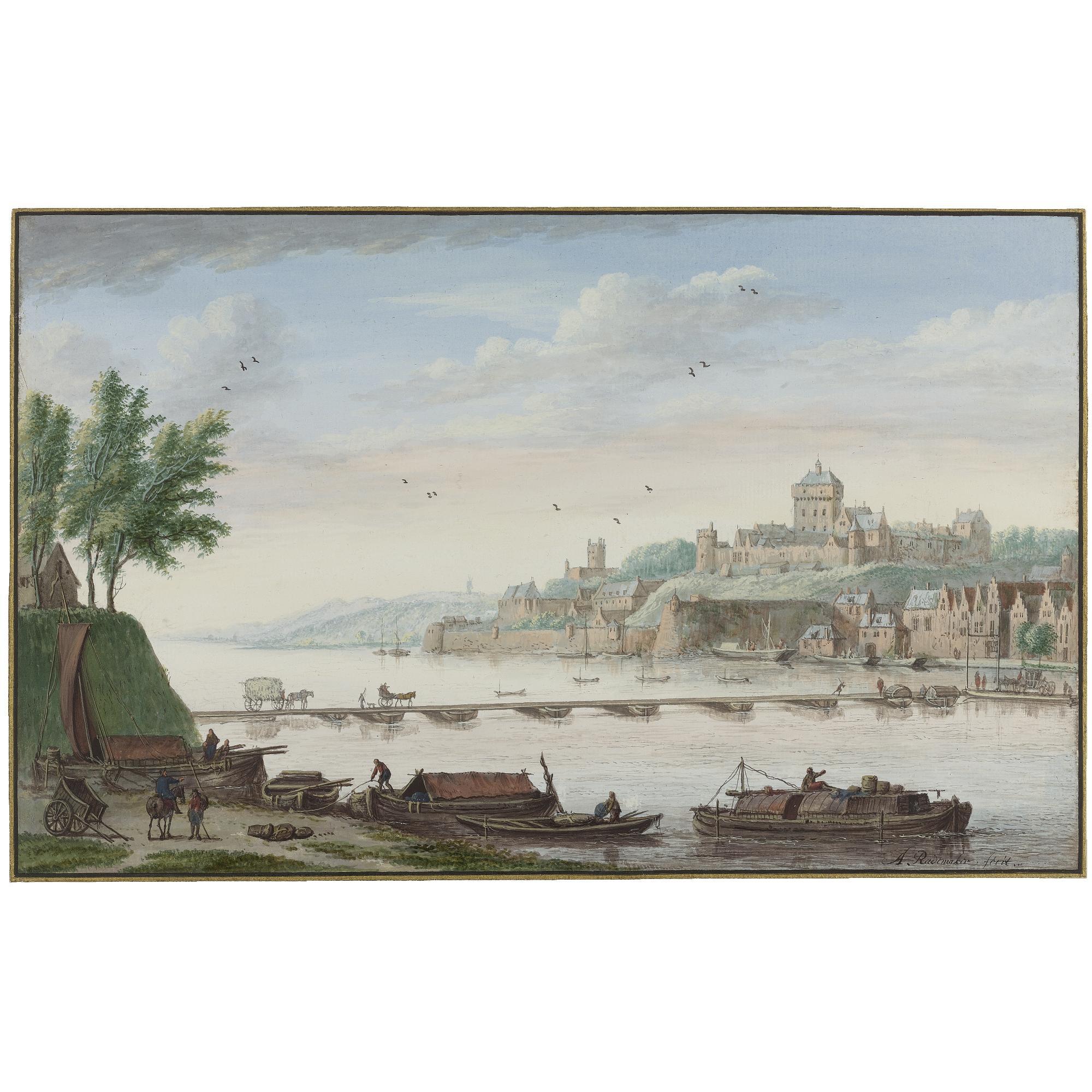 Abraham Rademaker - View Of Nijmegen, With Boatmen Loading Barges In The Foreground