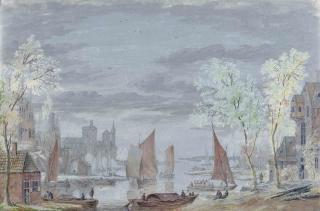 Abraham Rademaker - View of shipping on a river, a castle beyond