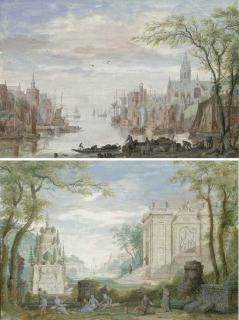 Abraham Rademaker - Vue d\'un port hollandais avec des figures au premier plan; et Vue d\'un parc avec des monuments classiques et des figures au premier plan