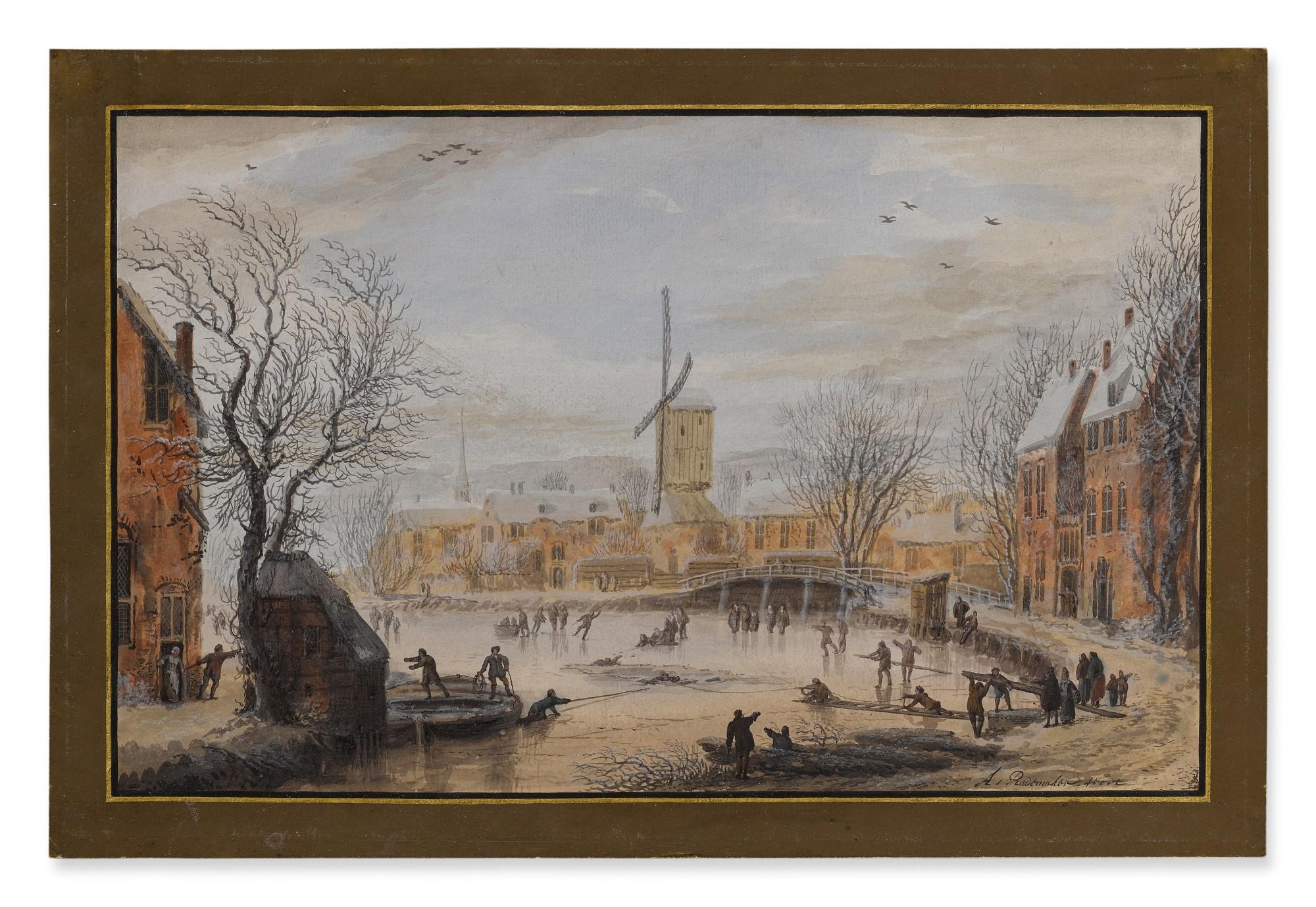 Abraham Rademaker - Winter scene with figures being rescued from the ice