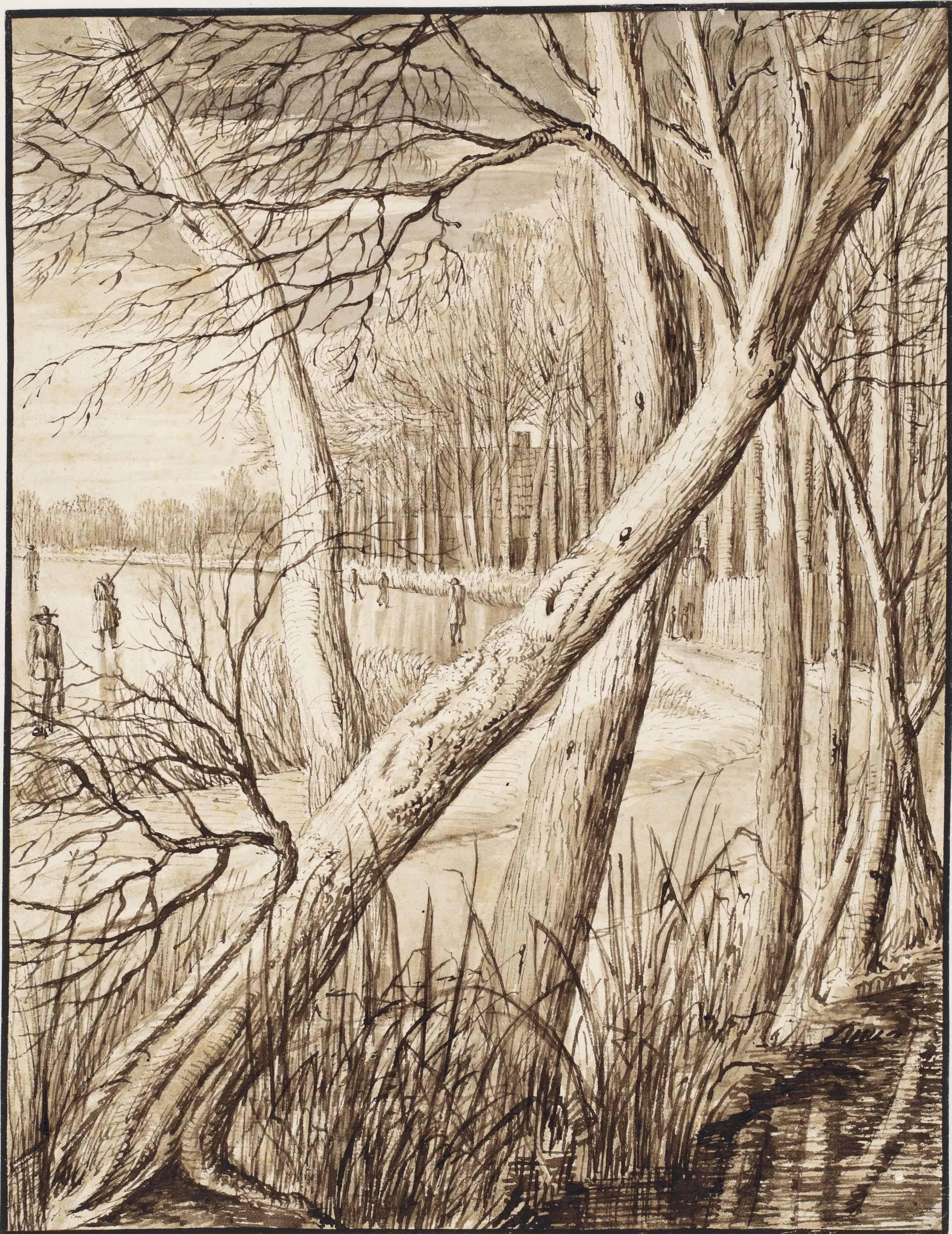 Abraham Rutgers The Elder - Skaters on the Vecht in winter, with a slanting tree in the foreground