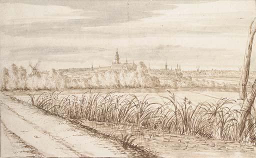 Abraham Rutgers - View of Gouda seen from the South East, with the Janskerk in the center and the Tiendwegspoort to the right
