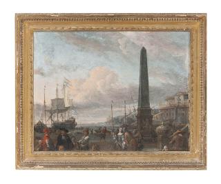 Abraham Storck - A Capriccio of A Large Dutch Merchantman Lying Off A Mediterranean Port, With Elegant Figures And Traders On The Quayside