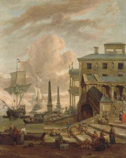 Abraham Storck - A capriccio of a Mediterranean harbour with stevedores, orientals and elegant figures, with shipping beyond