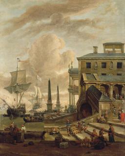 Abraham Storck - A capriccio of a Mediterranean harbour with stevedores, orientals and elegant figures, with ships beyond