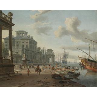 Abraham Storck - A Capriccio View Of An Italianate Harbour With Figures On The Quay Beneath Classical Buildings