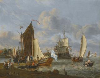 Abraham Storck - A Dutch Harbour With A Bezan Yacht And A Galjoot Moored At A Quay, A Boeier Yacht Under Sail And A Man O\'War Anchored Beyond, With Figures Bathing From A Rowing Boat