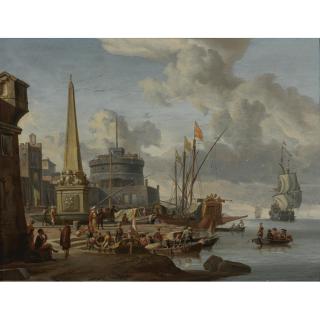 Abraham Storck - A Fortified Mediterranean Port With An Obelisk And A Galley Moored Nearby