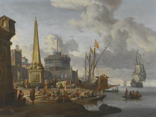 Abraham Storck - A Fortified Mediterranean Port With An Obelisk And A Galley Moored Nearby