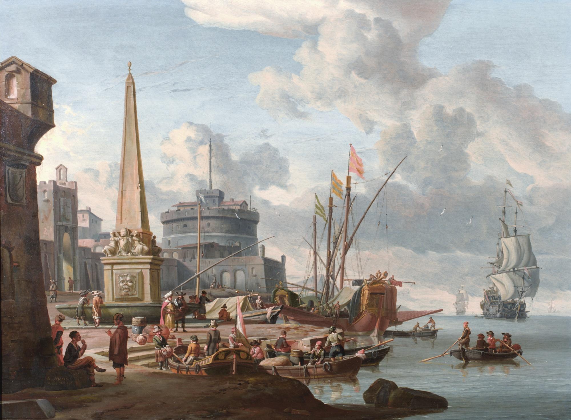 Abraham Storck - A Fortified Mediterranean Port With An Obelisk And A Galley Moored Nearby