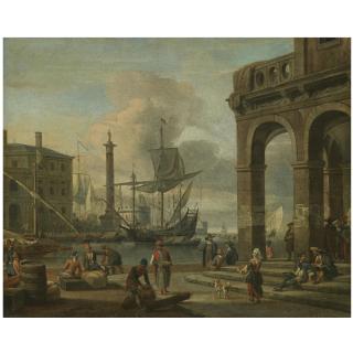 Abraham Storck - A Mediterranean Harbour Capriccio With Figures Unloading Cargo In The Foreground