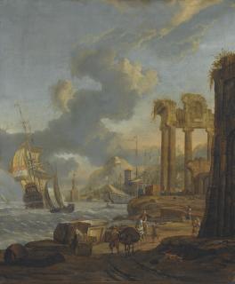 Abraham Storck - A Mediterranean Harbour Scene With Travellers On The Shore, A Dutch Man-Of-War On The Left