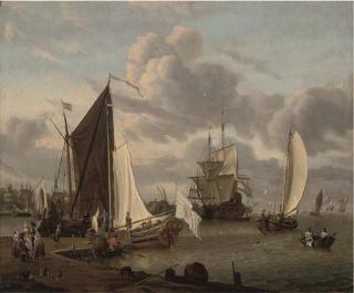 Abraham Storck - A port with smalschips and a man-o\'-war, with fisherfolk and elegant company