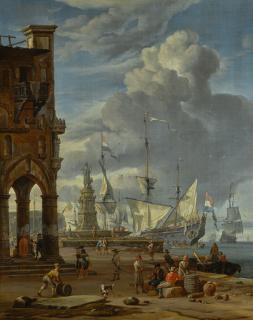 Abraham Storck - A Southern Port Scene With Numerous Figures On A Quayside