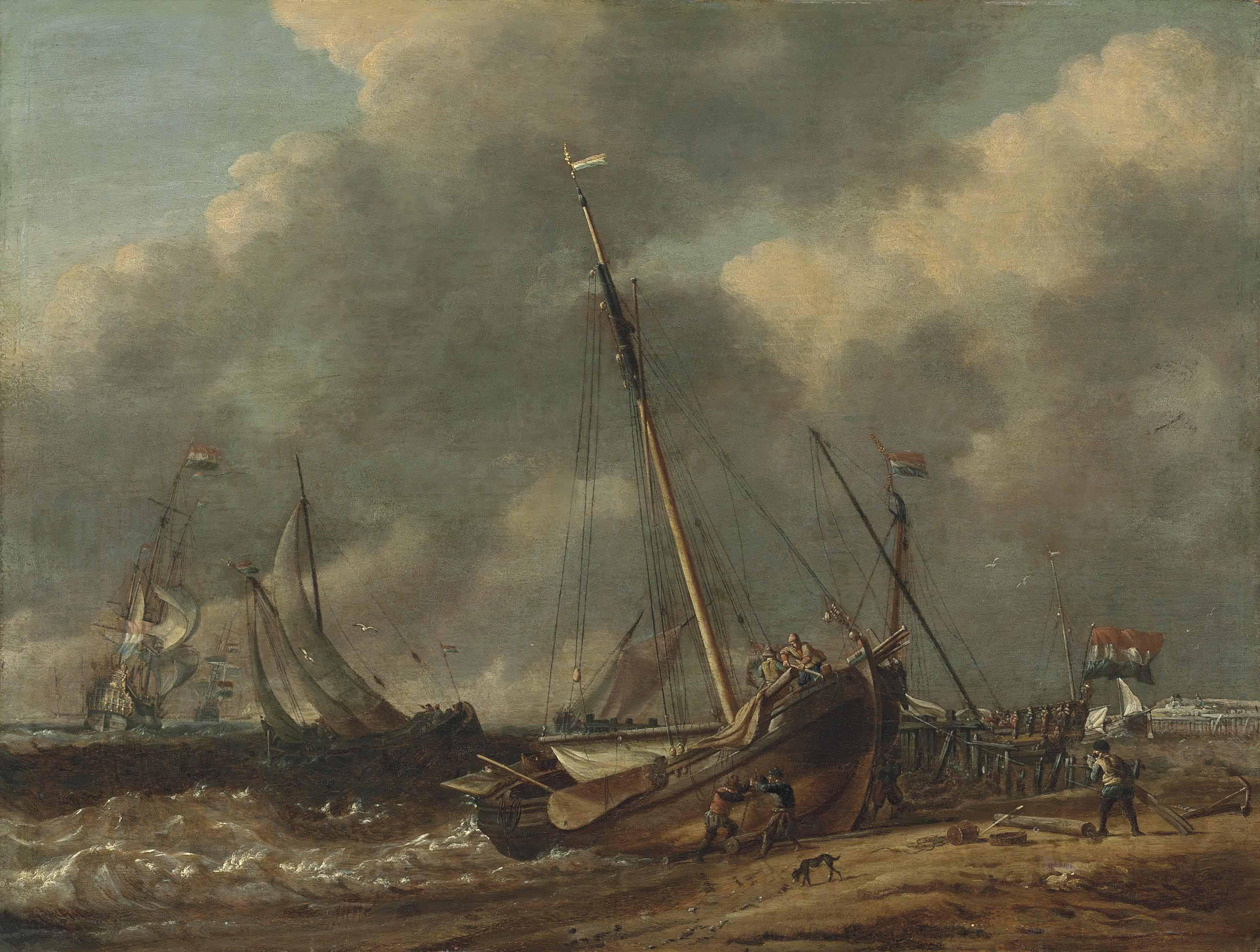 Abraham Storck - A Statenjacht And Schmalschips In Choppy Waters, Figures Landing A Schmalschip On The Shore