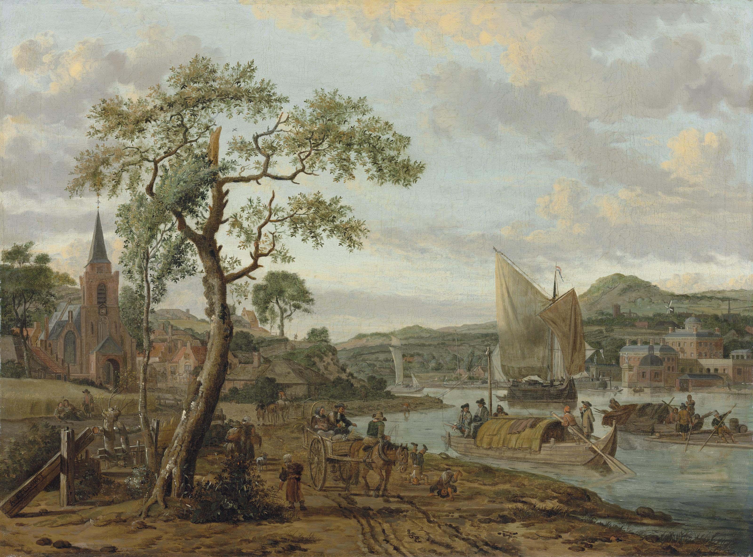 Abraham Storck - A village river landscape with boats on the water