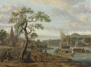 Abraham Storck - A village river landscape with boats on the water