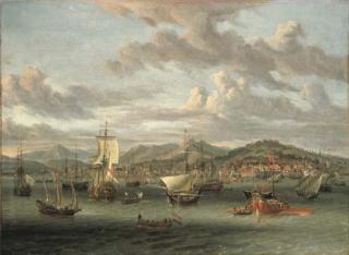 Abraham Storck - Dutch shipping off the Bay of Smyrna with a state barge