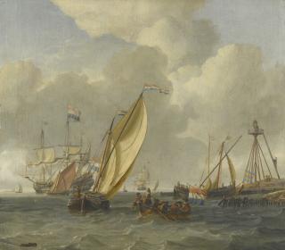 Abraham Storck - Dutch Ships On Choppy Coastal Waters By A Spit Of Land With A Beacon