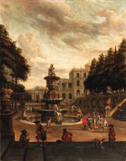 Abraham Storck - Elegant figures promenading in the grounds of a villa