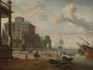 Abraham Storck - Italianate Harbor Scene With Figures And Animals In A Grand Architectural Setting