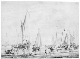 Abraham Storck - Sailing Vessels Moored Off A Beach, With Figures Unloading Small Boats