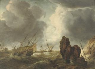 Abraham Storck - Shipping in stormy waters near a rocky coast