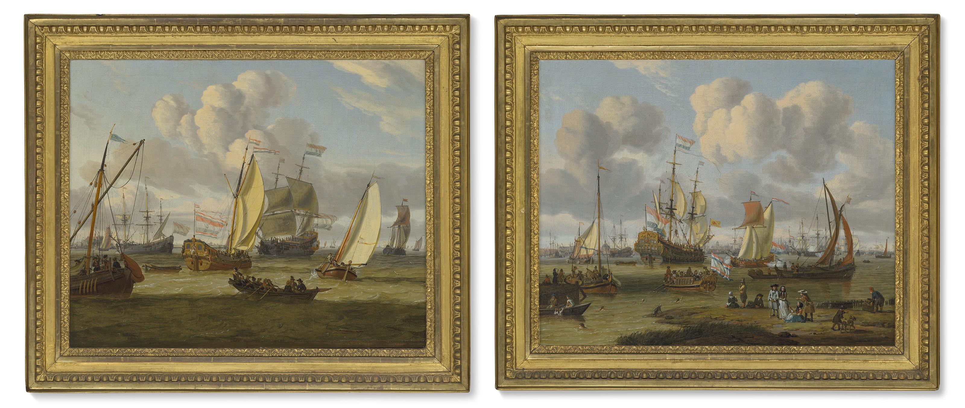 Abraham Storck - Shipping off Amsterdam with figures on a quay; and Shipping in an estuary