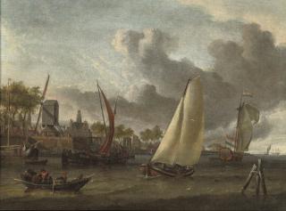 Abraham Storck - Shipping on the water near a Dutch harbour