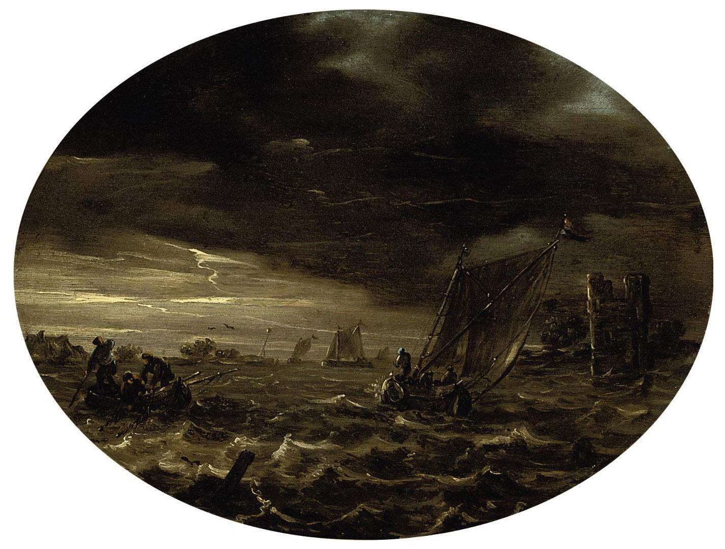 Abraham Susenier - A moonlit river landscape with fishermen in choppy waters