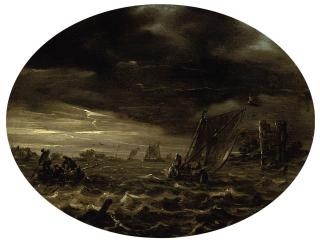 Abraham Susenier - A moonlit river landscape with fishermen in choppy waters