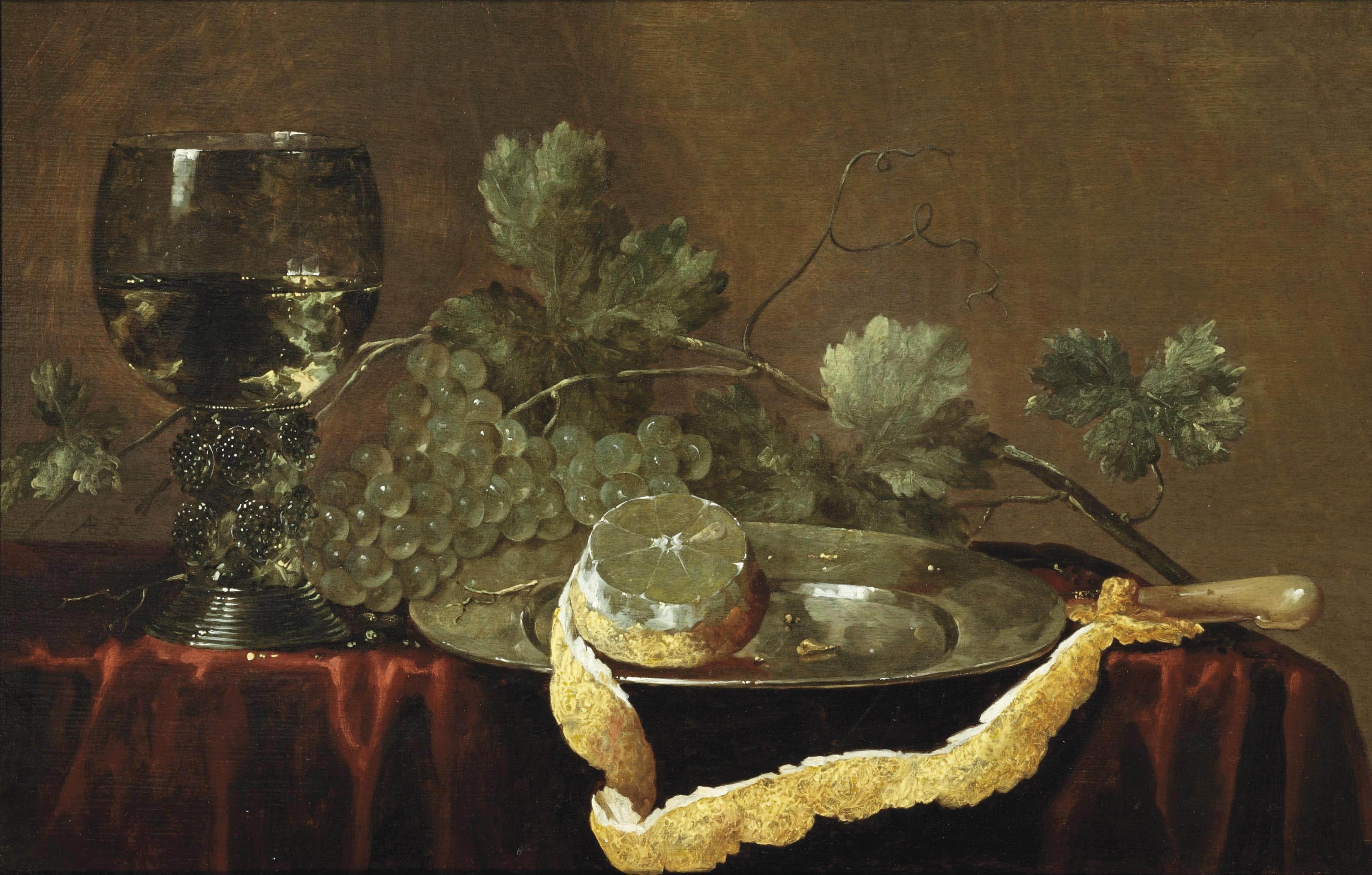 Abraham Susenier - A partially peeled lemon on a silver platter, a knife, grapes and a \'roemer\' of white wine on a draped table