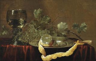 Abraham Susenier - A partially peeled lemon on a silver platter, a knife, grapes and a \'roemer\' of white wine on a draped table